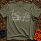 Security Runs On Treats - T-Shirt in Moss - A white line drawing of a camper van with its side door open, parked beside a...