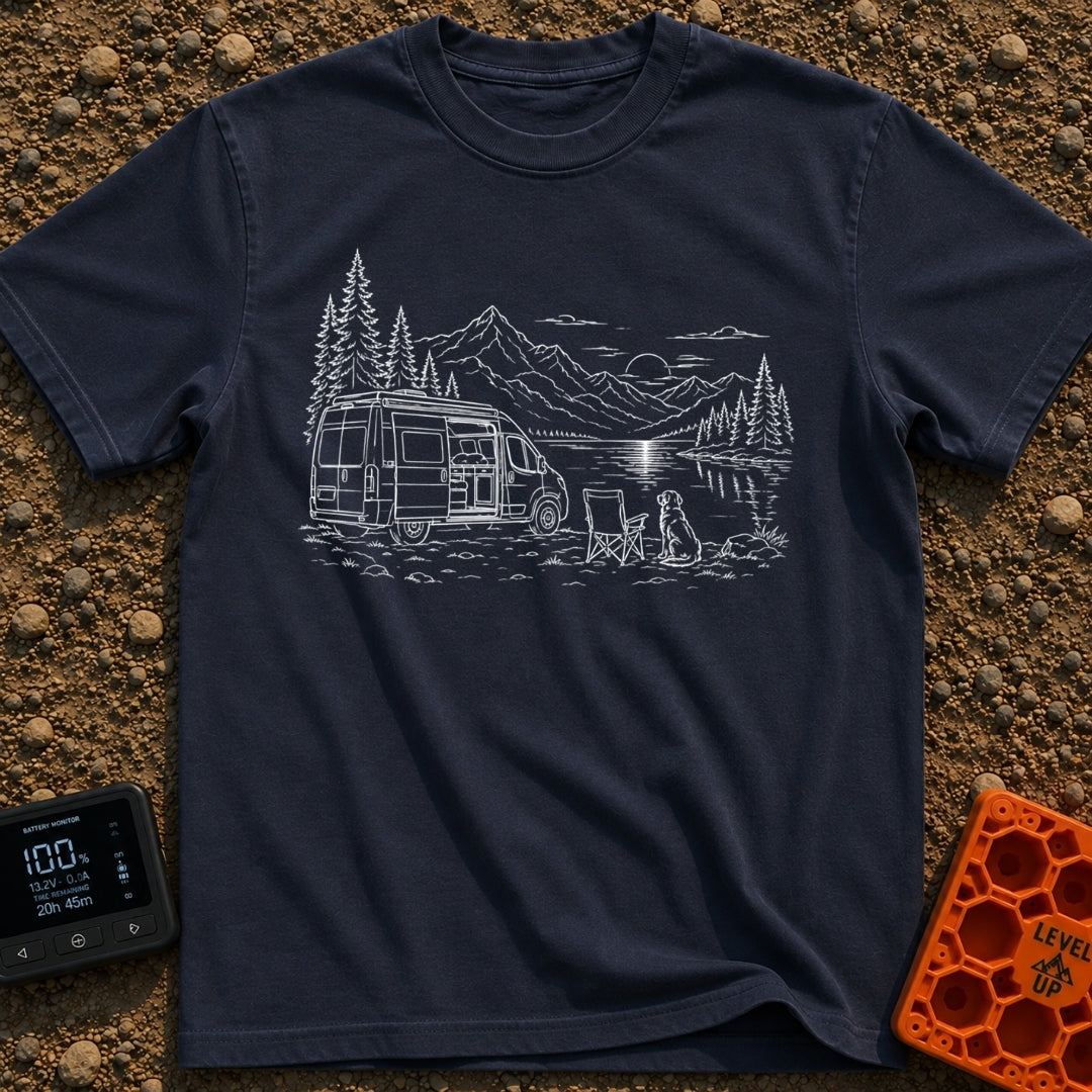 Security Runs On Treats - T-Shirt in Navy - A white line drawing of a camper van with its side door open, parked beside a...
