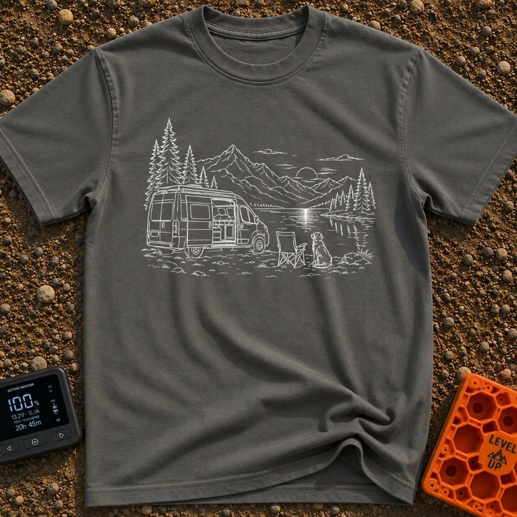 Security Runs On Treats - T-Shirt in Pepper - A white line drawing of a camper van with its side door open, parked beside...