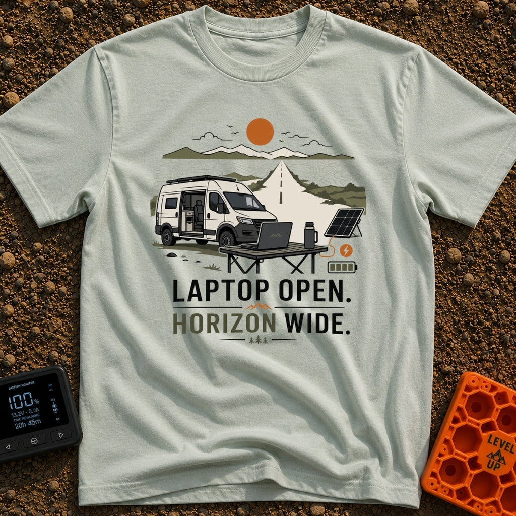 Sunset Power Break - T-Shirt in Bay - A camper van is parked with its side door open next to a long, straight road...