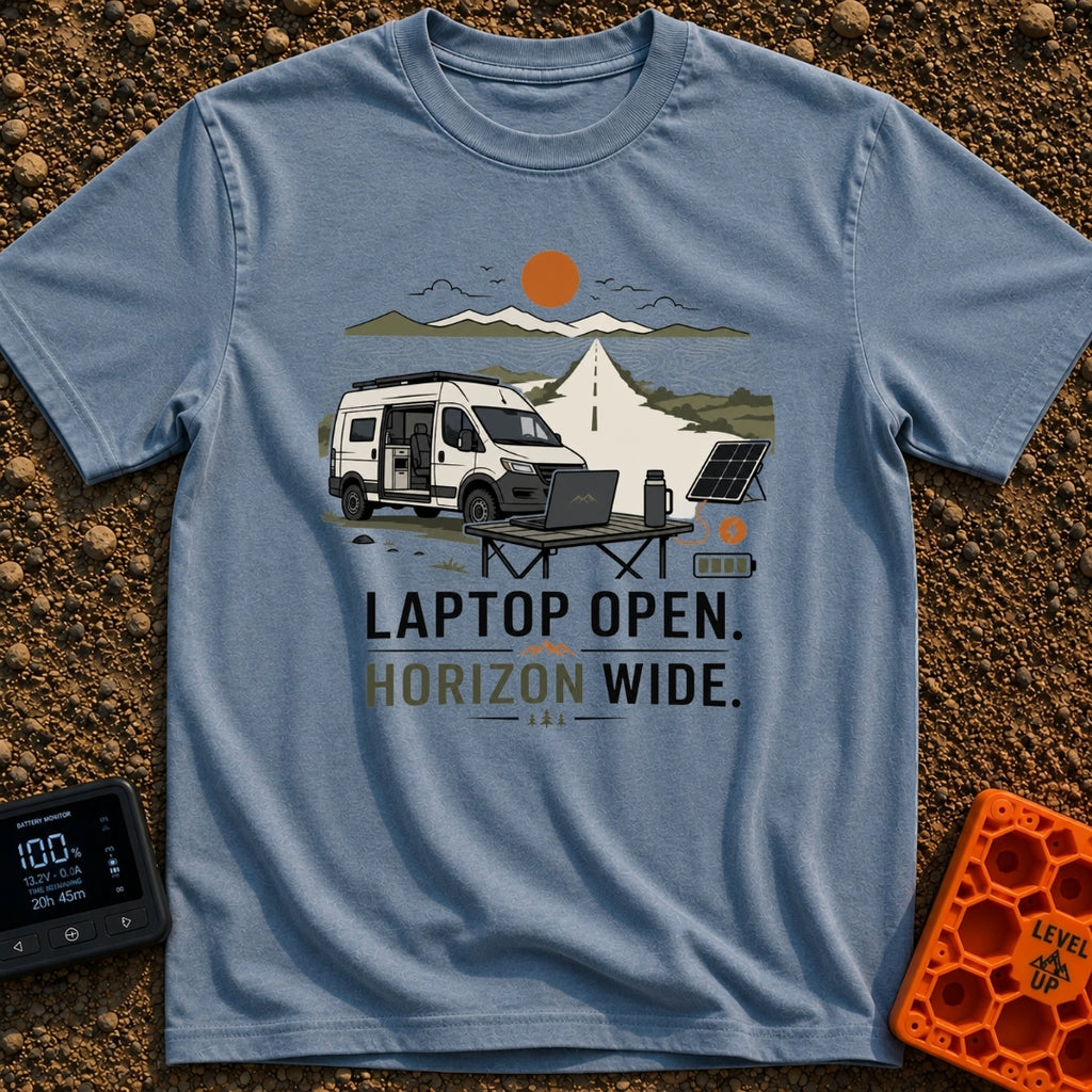 Sunset Power Break - T-Shirt in Blue Jean - A camper van is parked with its side door open next to a long, straight road...