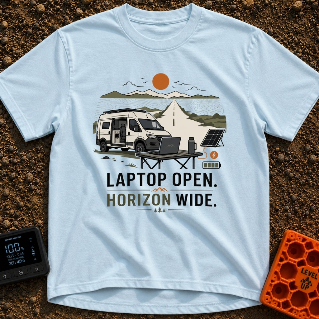 Sunset Power Break - T-Shirt in Chambray - A camper van is parked with its side door open next to a long, straight road...