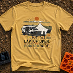 Sunset Power Break - T-Shirt in Mustard - A camper van is parked with its side door open next to a long, straight road...