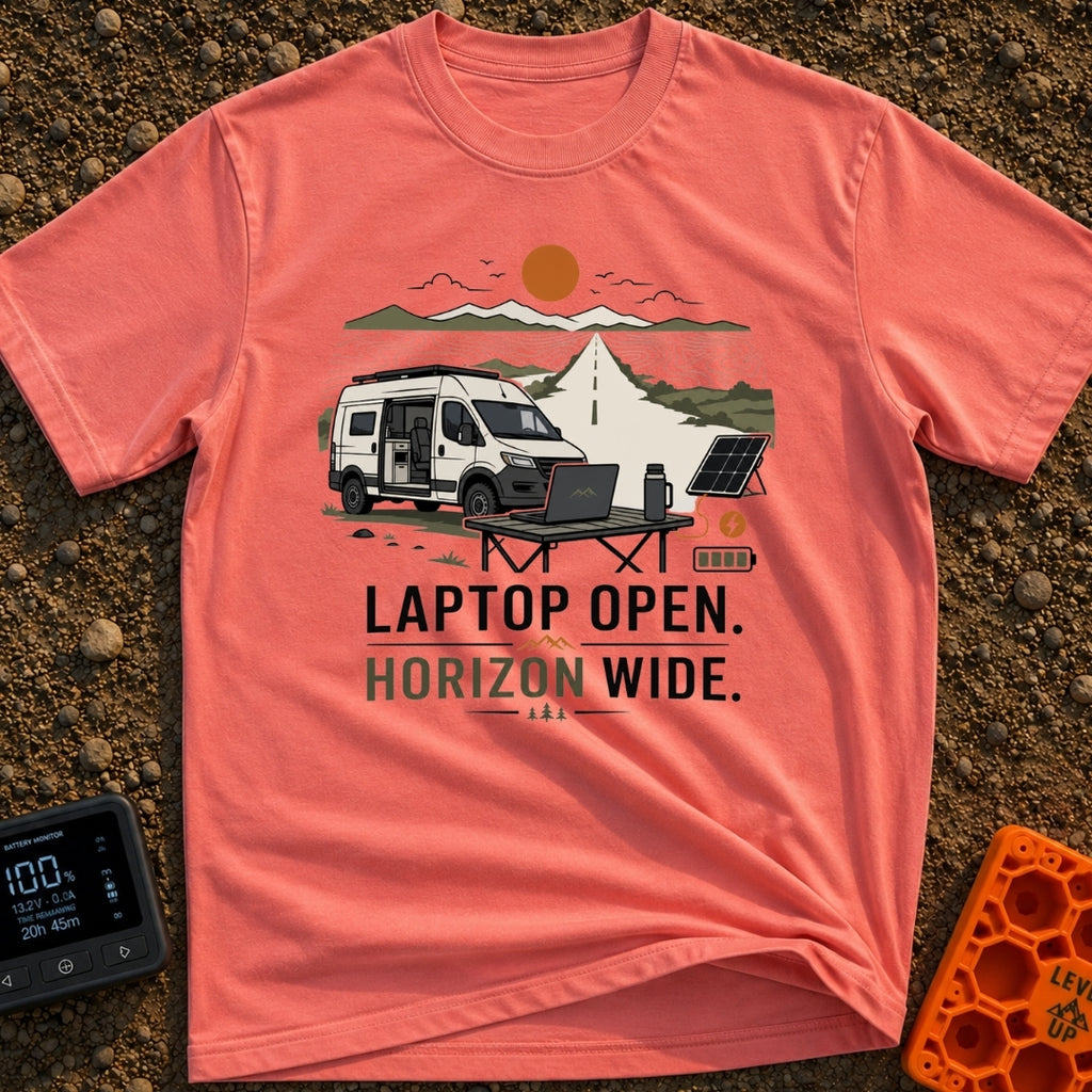 Sunset Power Break - T-Shirt in Watermelon - A camper van is parked with its side door open next to a long, straight road...