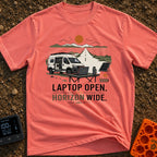 Sunset Power Break - T-Shirt in Watermelon - A camper van is parked with its side door open next to a long, straight road...