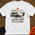 Sunset Power Break - T-Shirt in White - A camper van is parked with its side door open next to a long, straight road...