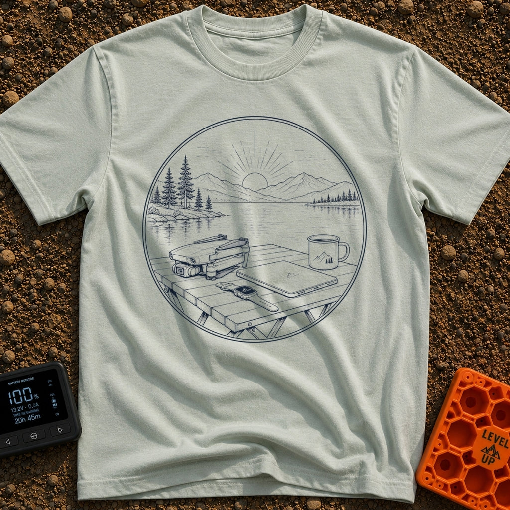 Launch Before Coffee Cools - T-Shirt in Bay - A line-art illustration inside a circle showing a folded drone, a closed...