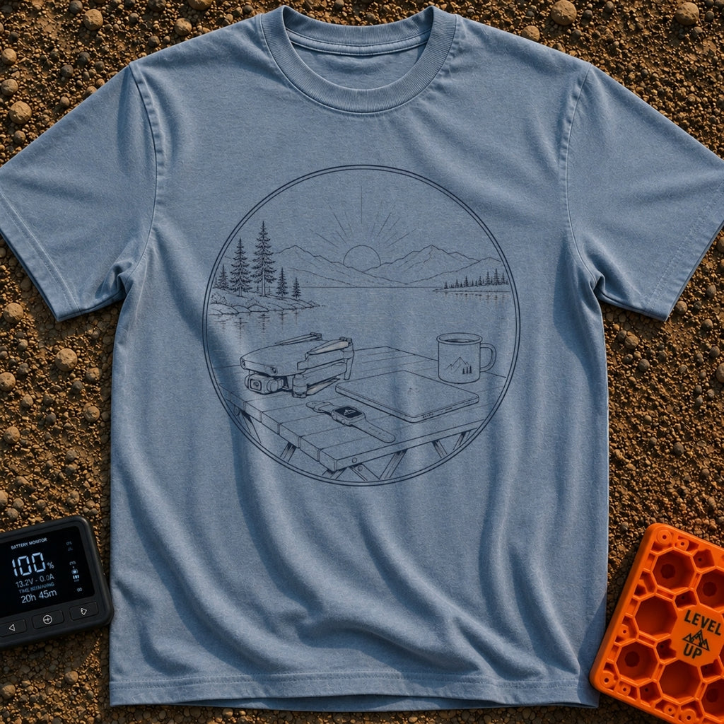 Launch Before Coffee Cools - T-Shirt in Blue Jean - A line-art illustration inside a circle showing a folded drone, a...