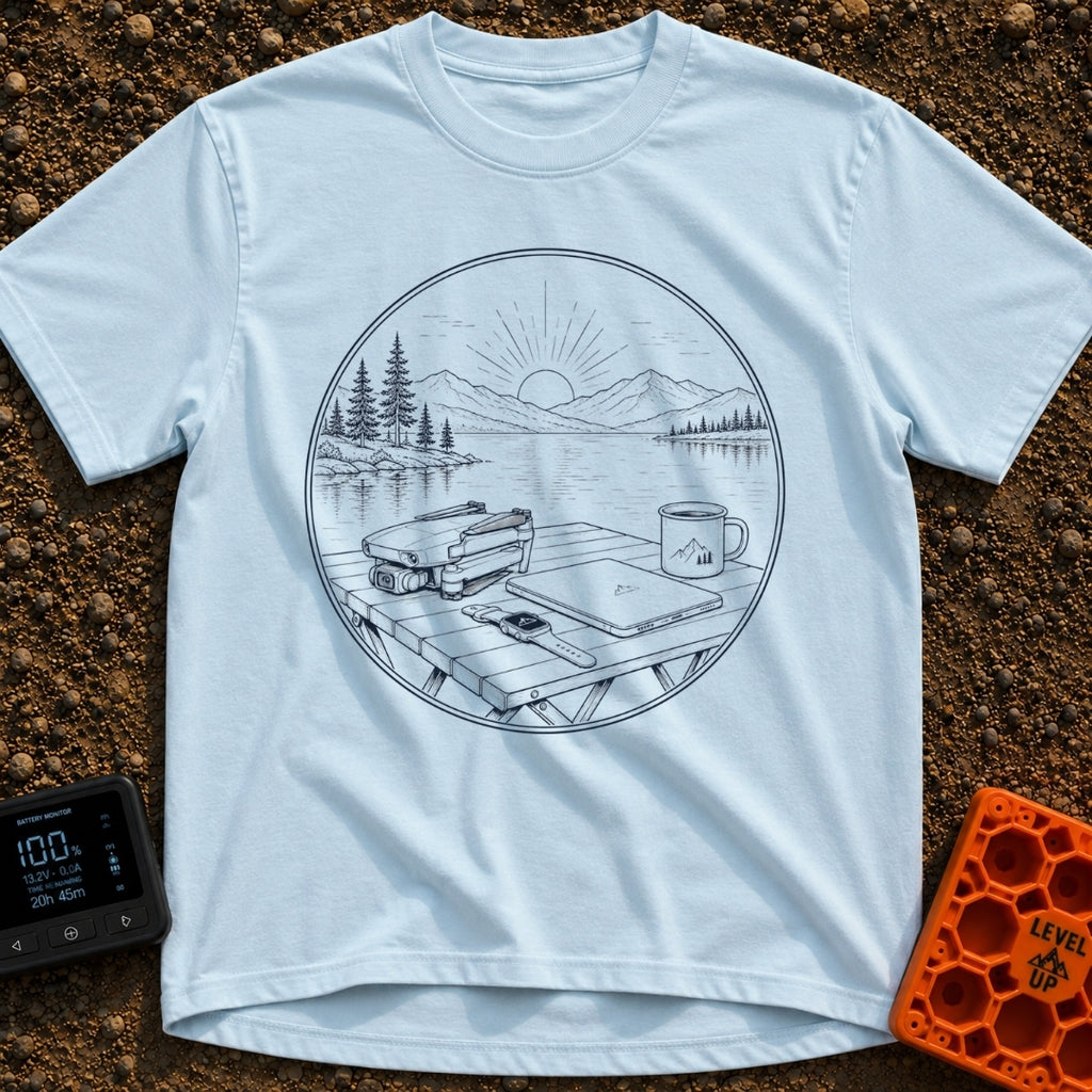 Launch Before Coffee Cools - T-Shirt in Chambray - A line-art illustration inside a circle showing a folded drone, a...