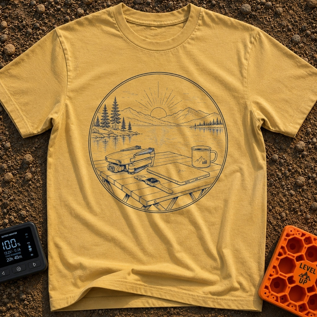 Launch Before Coffee Cools - T-Shirt in Mustard - A line-art illustration inside a circle showing a folded drone, a...