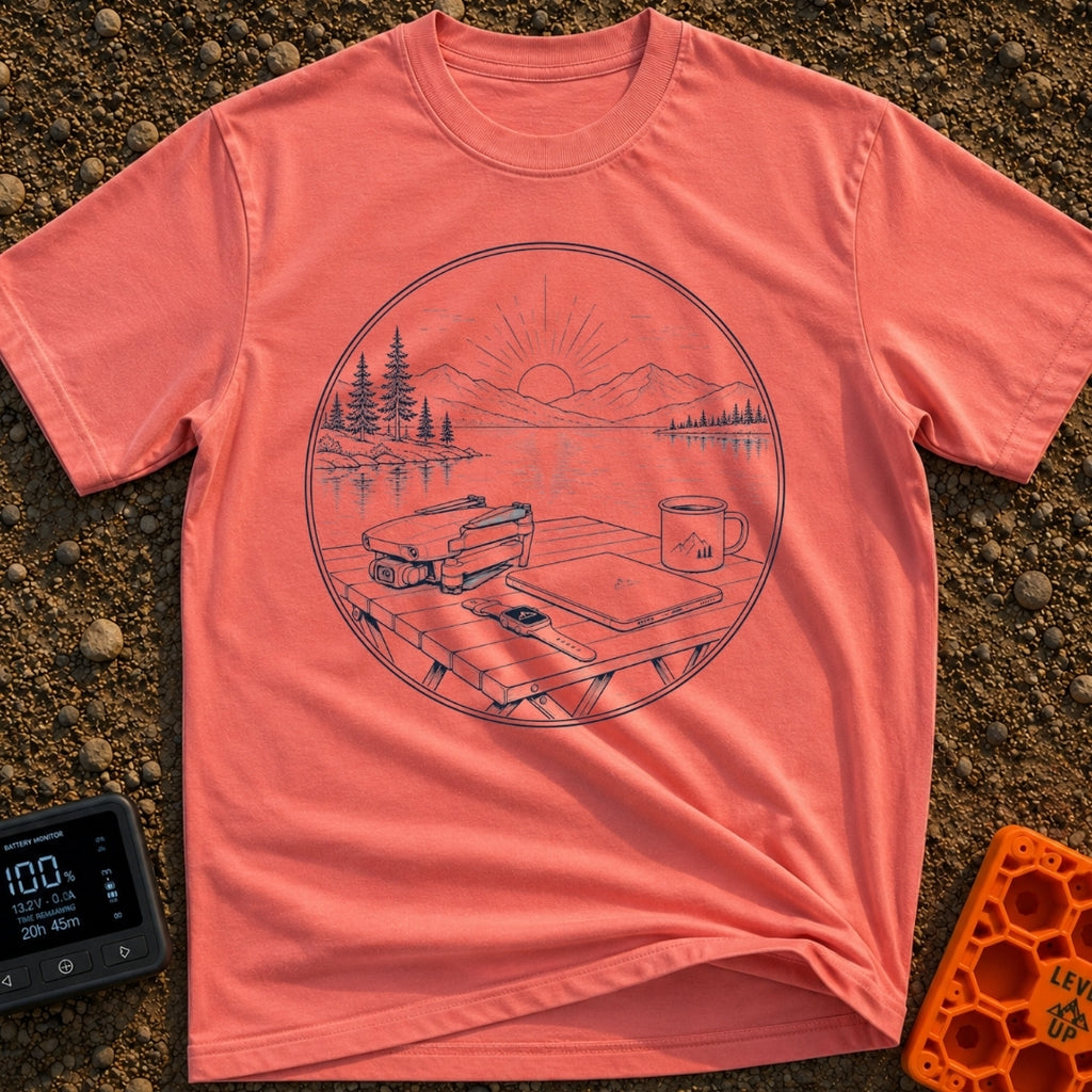 Launch Before Coffee Cools - T-Shirt in Watermelon - A line-art illustration inside a circle showing a folded drone, a...