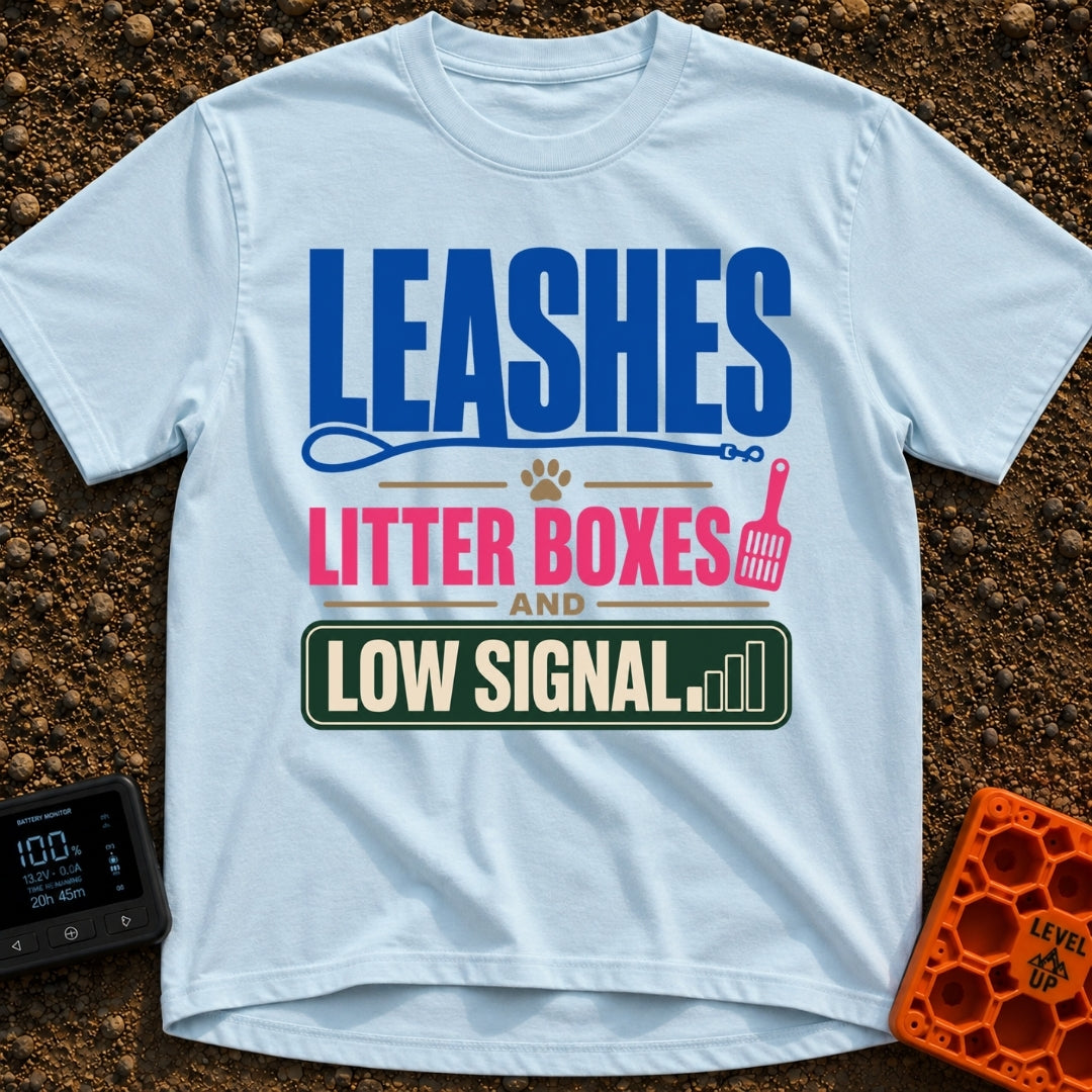 Leashes And Low Signal - T-Shirt in Chambray - A typographic design reading "LEASHES LITTER BOXES AND LOW SIGNAL" stacked...