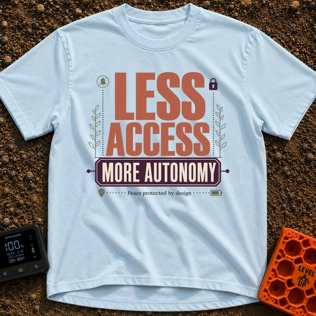 Freedom Over Connection - T-Shirt in Chambray - A typographic design featuring the large text "LESS ACCESS" above a...