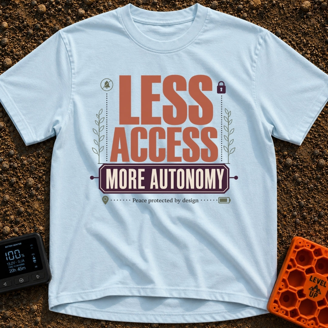 Freedom Over Connection - T-Shirt in Chambray - A typographic design featuring the large text "LESS ACCESS" above a...