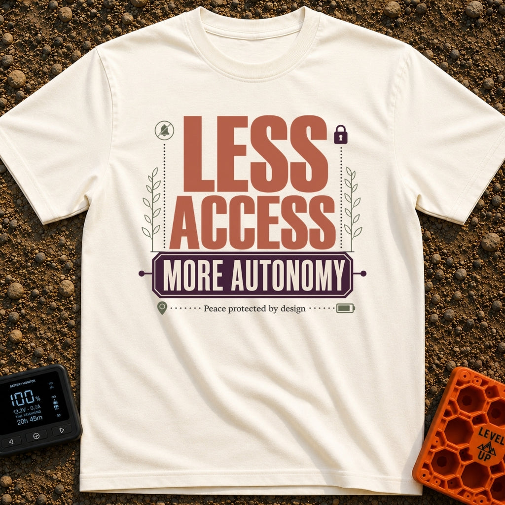 Freedom Over Connection - T-Shirt in Ivory - A typographic design featuring the large text "LESS ACCESS" above a banner...