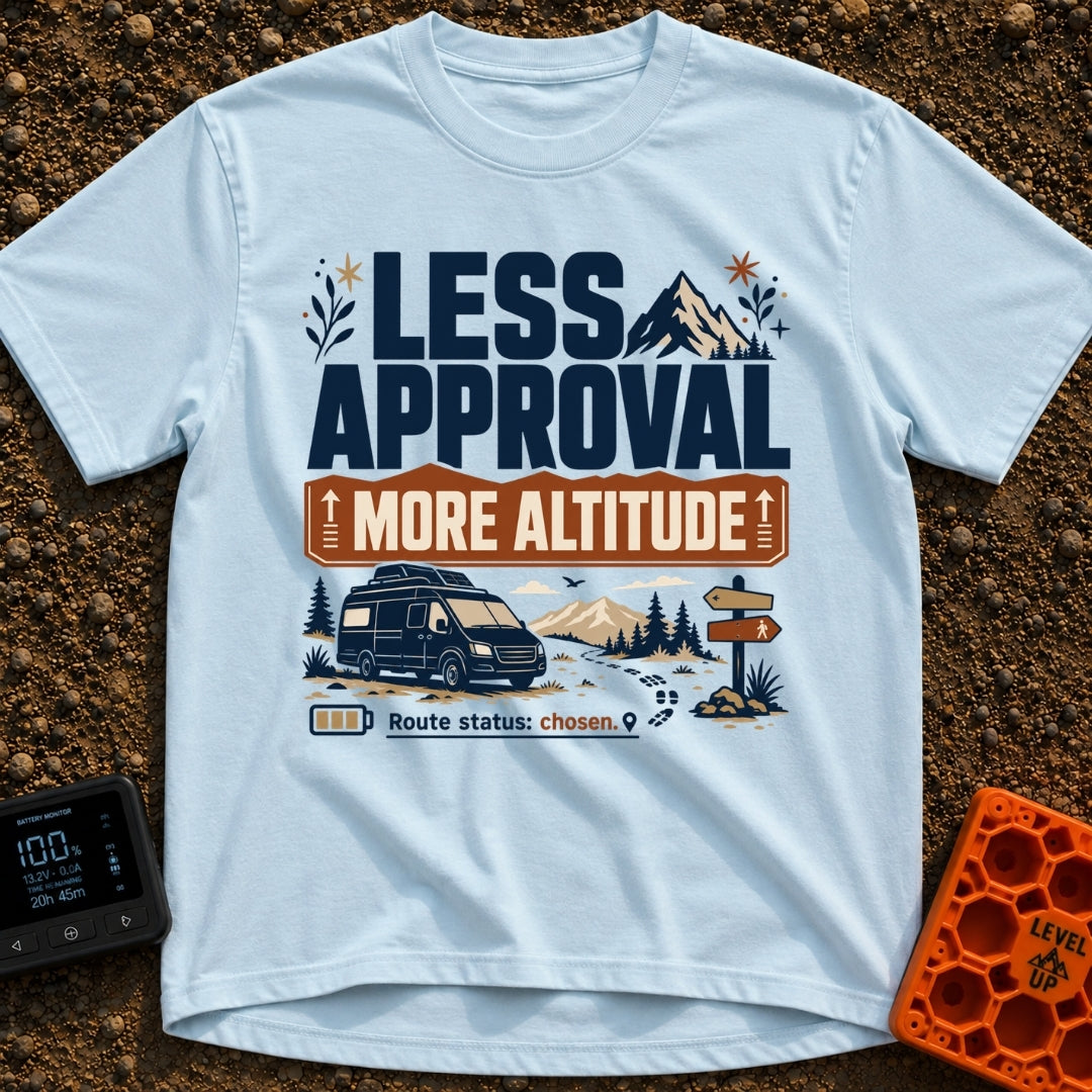 Altitude Over Approval - T-Shirt in Chambray - A typographic and illustrated design featuring the text "LESS APPROVAL...
