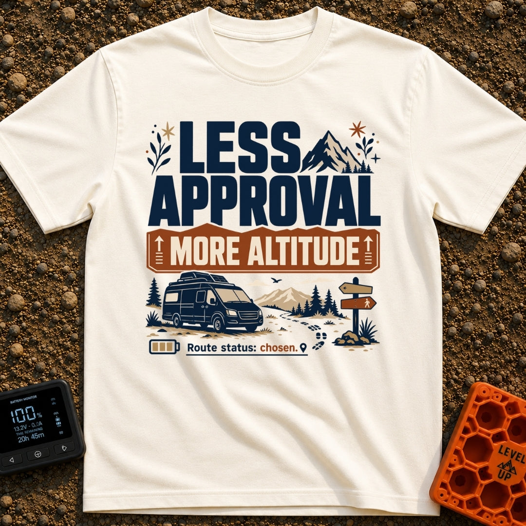 Altitude Over Approval - T-Shirt in Ivory - A typographic and illustrated design featuring the text "LESS APPROVAL MORE...