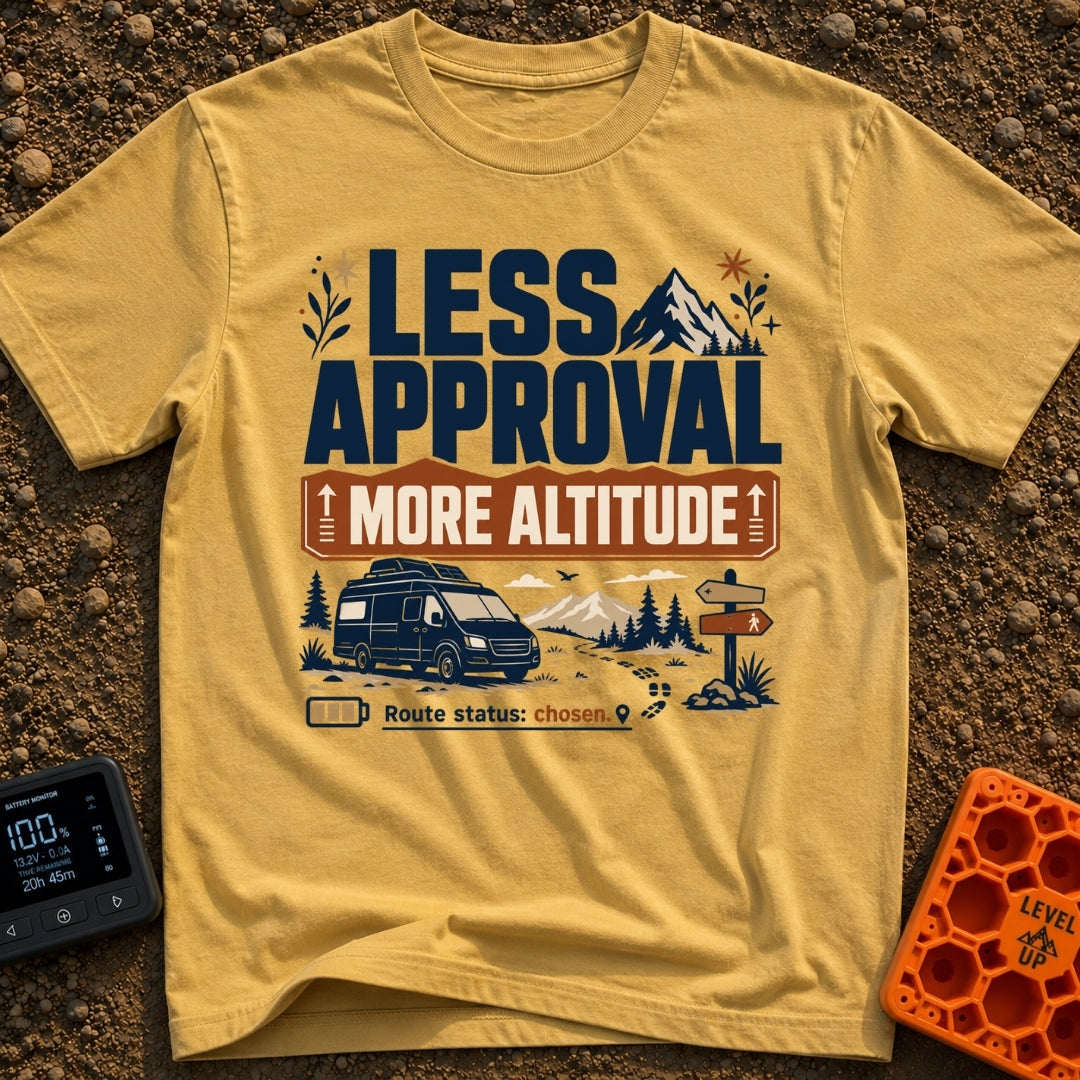 Altitude Over Approval - T-Shirt in Mustard - A typographic and illustrated design featuring the text "LESS APPROVAL MORE...