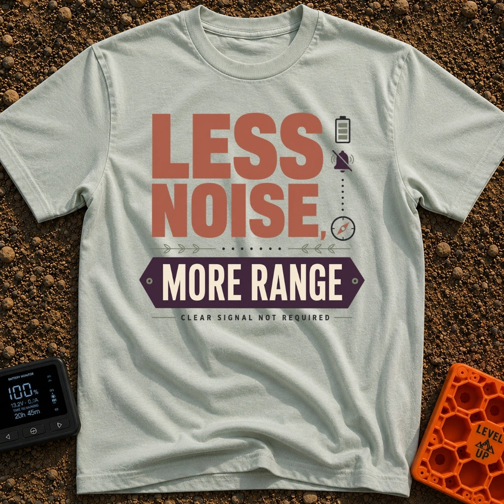 Less Noise More Range - T-Shirt in Bay - The artwork features the large typographic text "LESS NOISE, MORE RANGE" with...