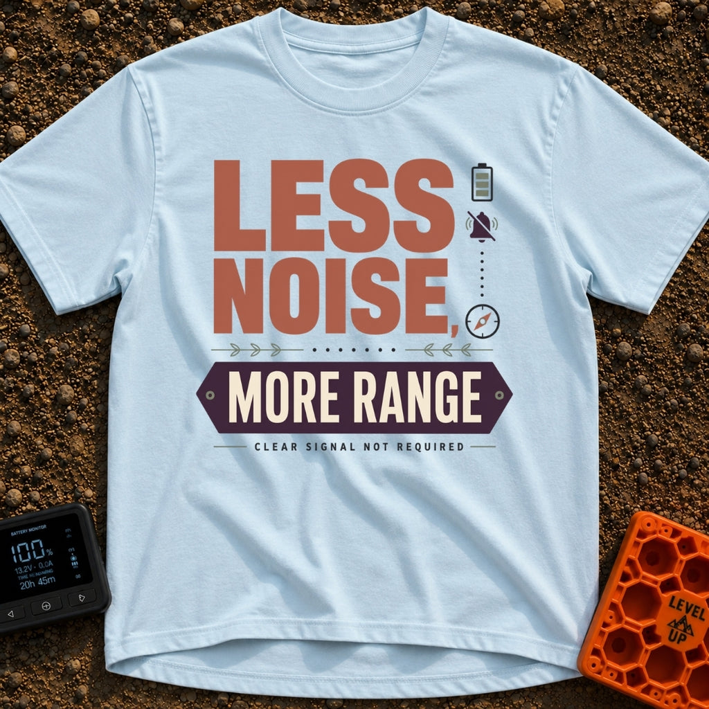 Less Noise More Range - T-Shirt in Chambray - The artwork features the large typographic text "LESS NOISE, MORE RANGE"...