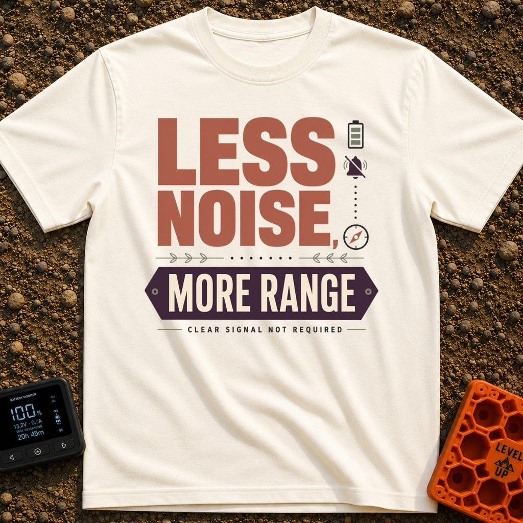 Less Noise More Range - T-Shirt in Ivory - The artwork features the large typographic text "LESS NOISE, MORE RANGE" with...