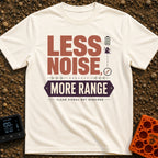 Less Noise More Range - T-Shirt in Ivory - The artwork features the large typographic text "LESS NOISE, MORE RANGE" with...