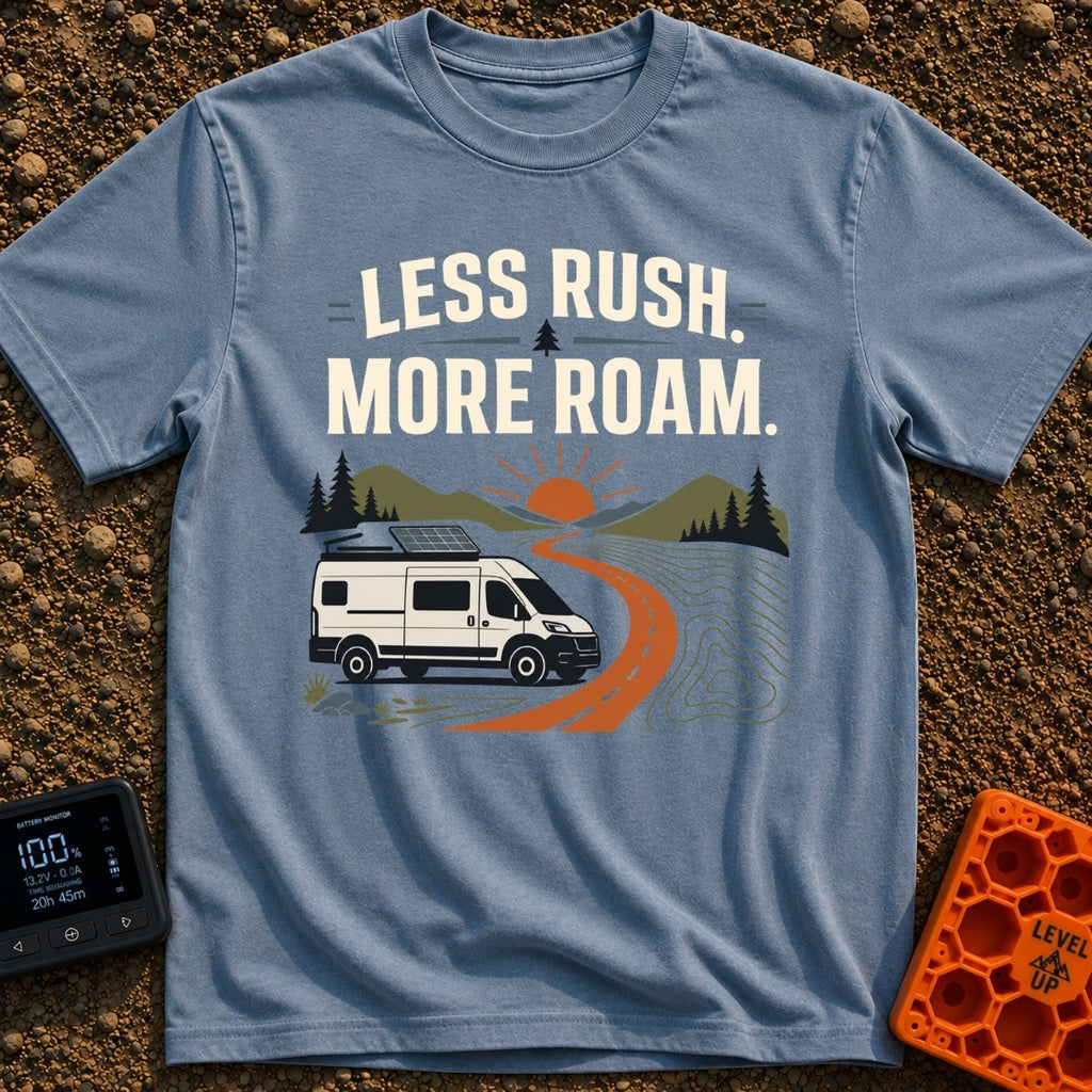 Less Rush More Roam - T-Shirt in Blue Jean - A graphic illustration of a white camper van with a roof-mounted solar panel...