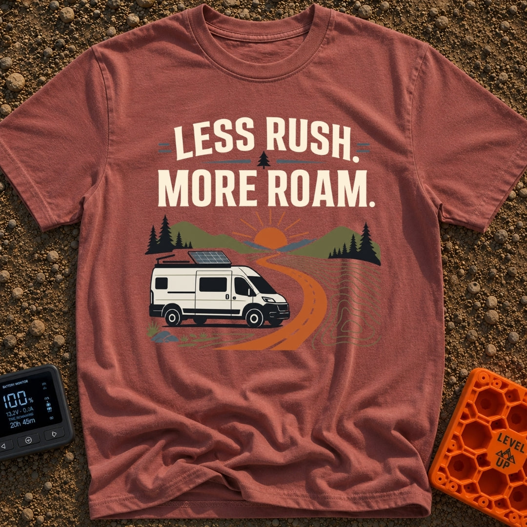 Less Rush More Roam - T-Shirt in Brick - A graphic illustration of a white camper van with a roof-mounted solar panel...