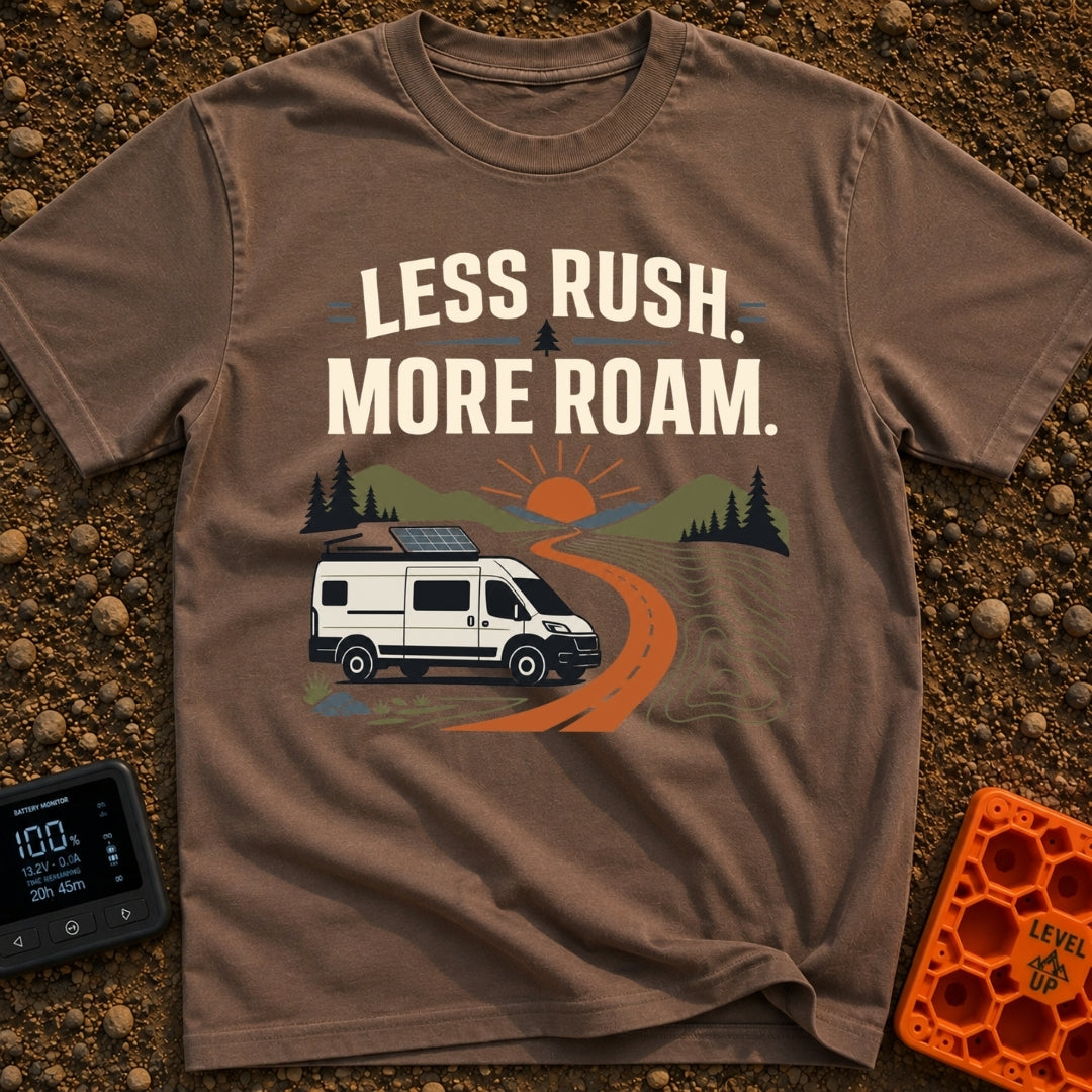 Less Rush More Roam - T-Shirt in Espresso - A graphic illustration of a white camper van with a roof-mounted solar panel...