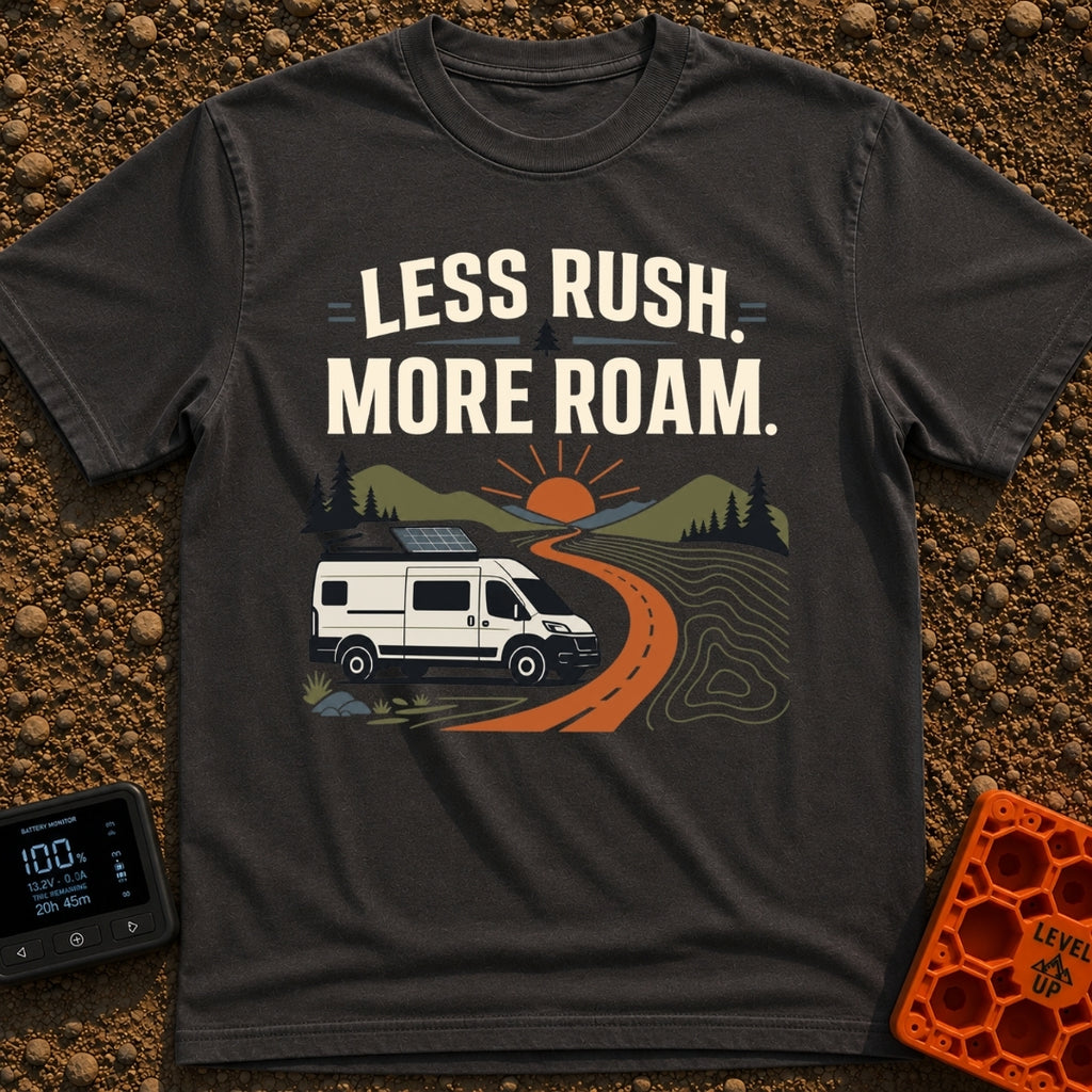 Less Rush More Roam - T-Shirt in Graphite - A graphic illustration of a white camper van with a roof-mounted solar panel...