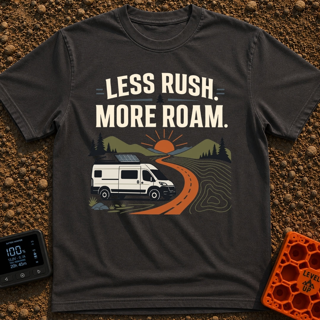 Less Rush More Roam - T-Shirt in Graphite - A graphic illustration of a white camper van with a roof-mounted solar panel...