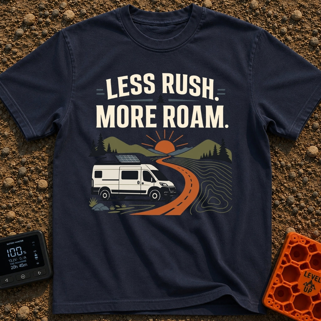 Less Rush More Roam - T-Shirt in Navy - A graphic illustration of a white camper van with a roof-mounted solar panel...