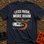 Less Rush More Roam - T-Shirt in Navy - A graphic illustration of a white camper van with a roof-mounted solar panel...