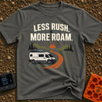 Less Rush More Roam - T-Shirt in Pepper - A graphic illustration of a white camper van with a roof-mounted solar panel...