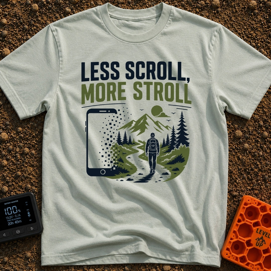 Stroll Over Scroll - T-Shirt in Bay - A graphic showing a large smartphone dissolving into square pixels on the left,...