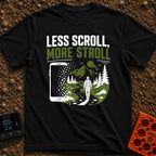 Stroll Over Scroll - T-Shirt in Black - A graphic showing a large smartphone dissolving into square pixels on the left,...