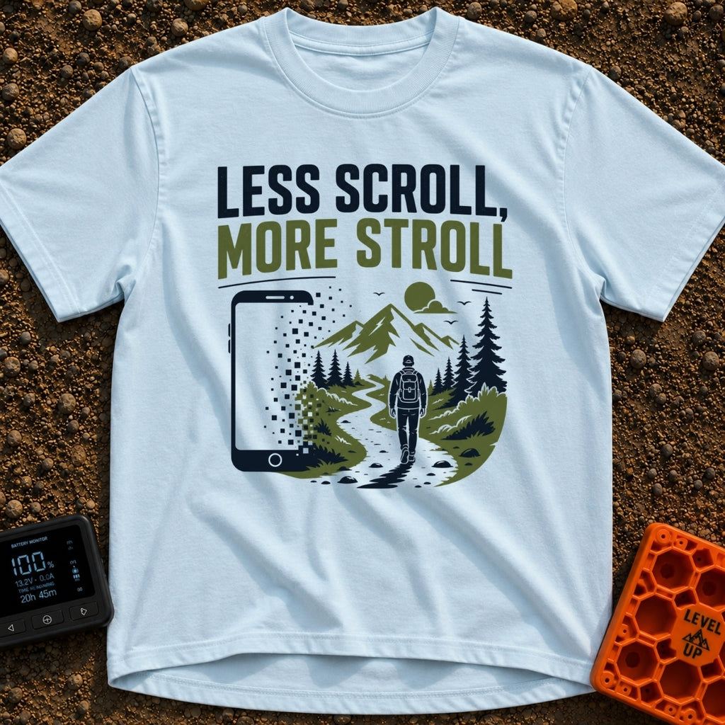 Stroll Over Scroll - T-Shirt in Chambray - A graphic showing a large smartphone dissolving into square pixels on the...