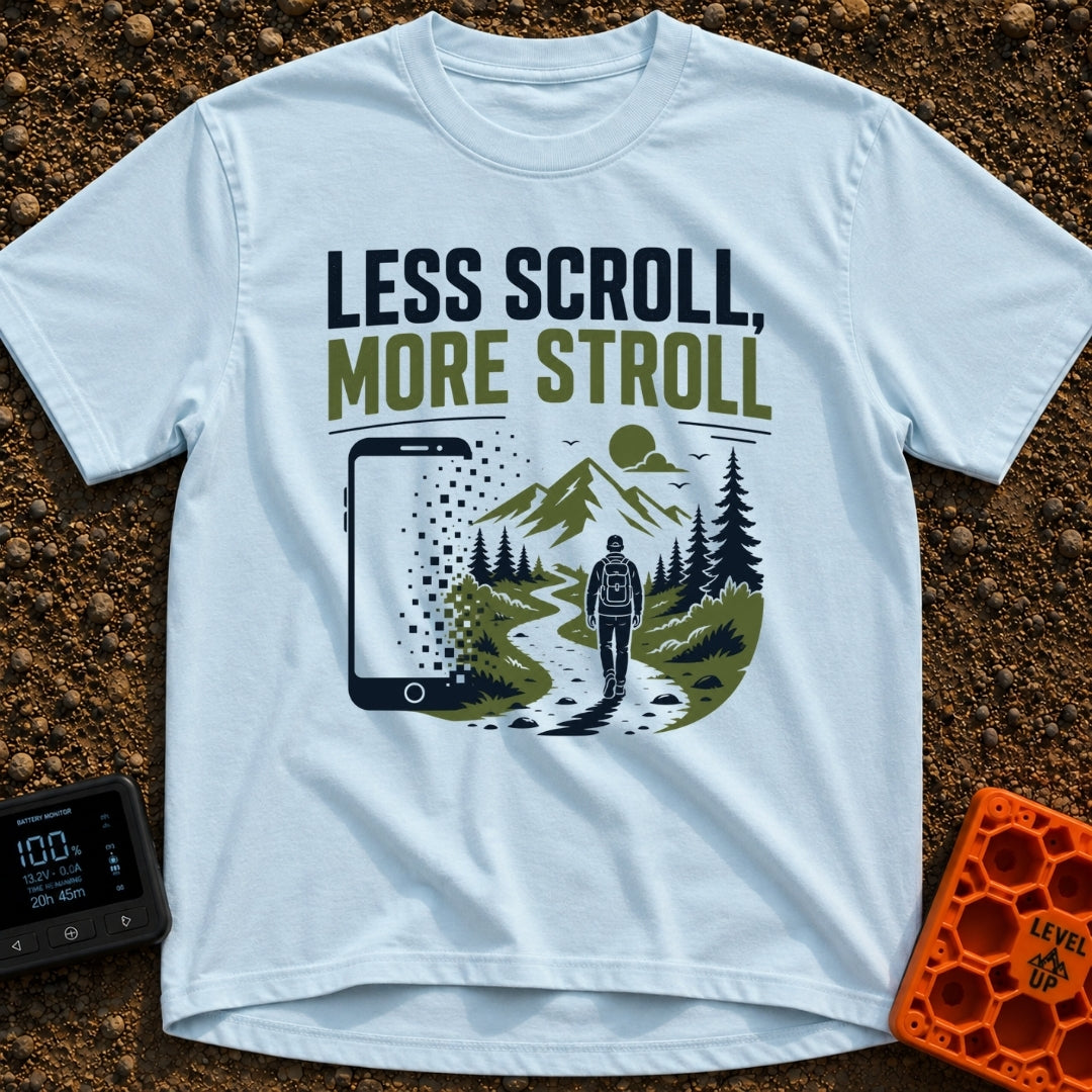 Stroll Over Scroll - T-Shirt in Chambray - A graphic showing a large smartphone dissolving into square pixels on the...
