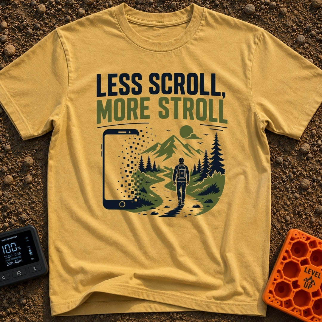 Stroll Over Scroll - T-Shirt in Mustard - A graphic showing a large smartphone dissolving into square pixels on the left,...