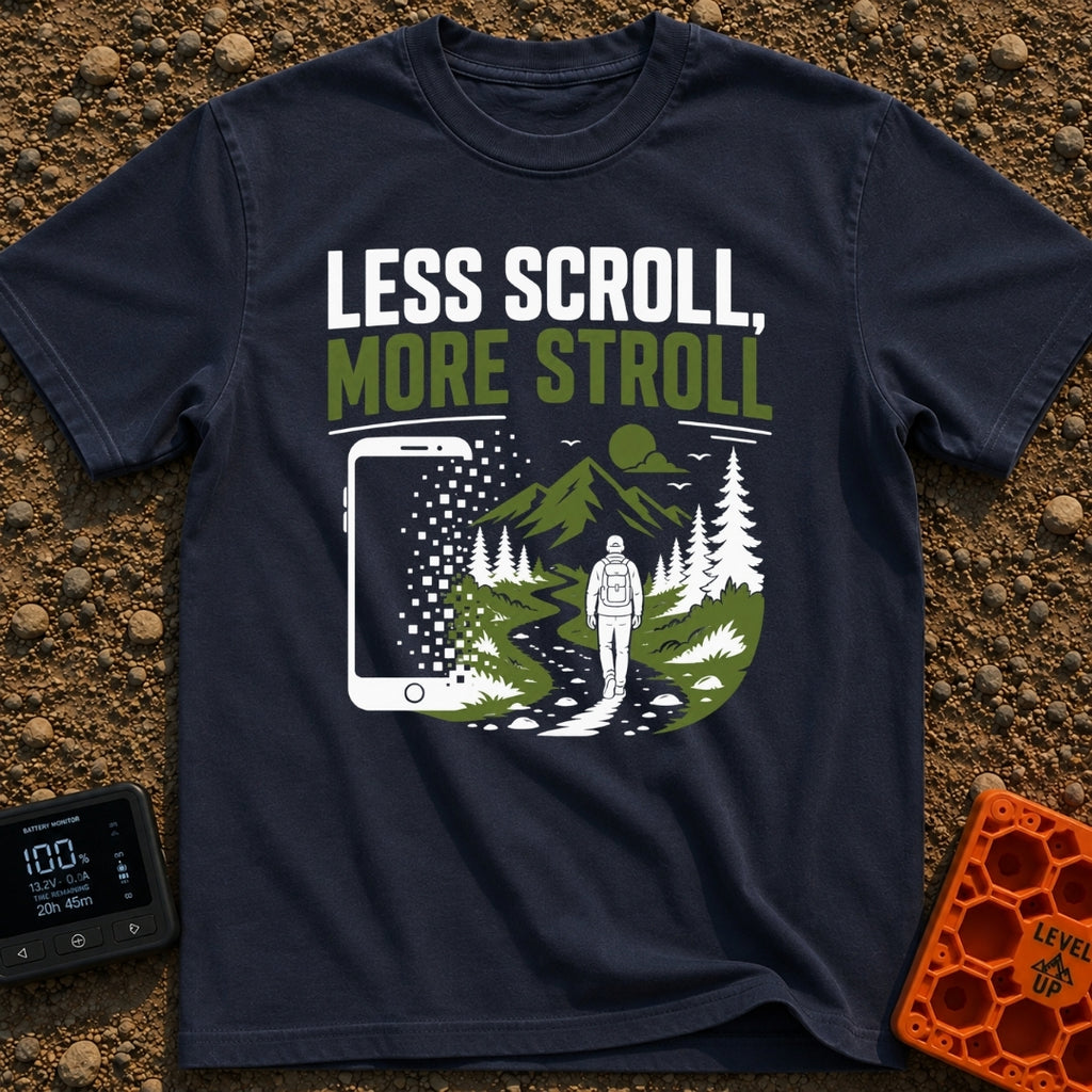 Stroll Over Scroll - T-Shirt in Navy - A graphic showing a large smartphone dissolving into square pixels on the left,...