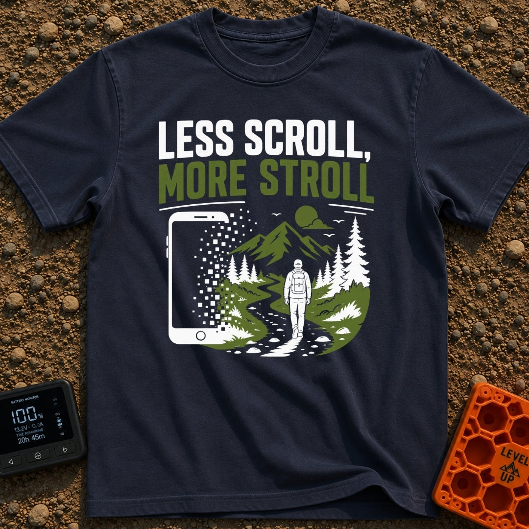 Stroll Over Scroll - T-Shirt in Navy - A graphic showing a large smartphone dissolving into square pixels on the left,...