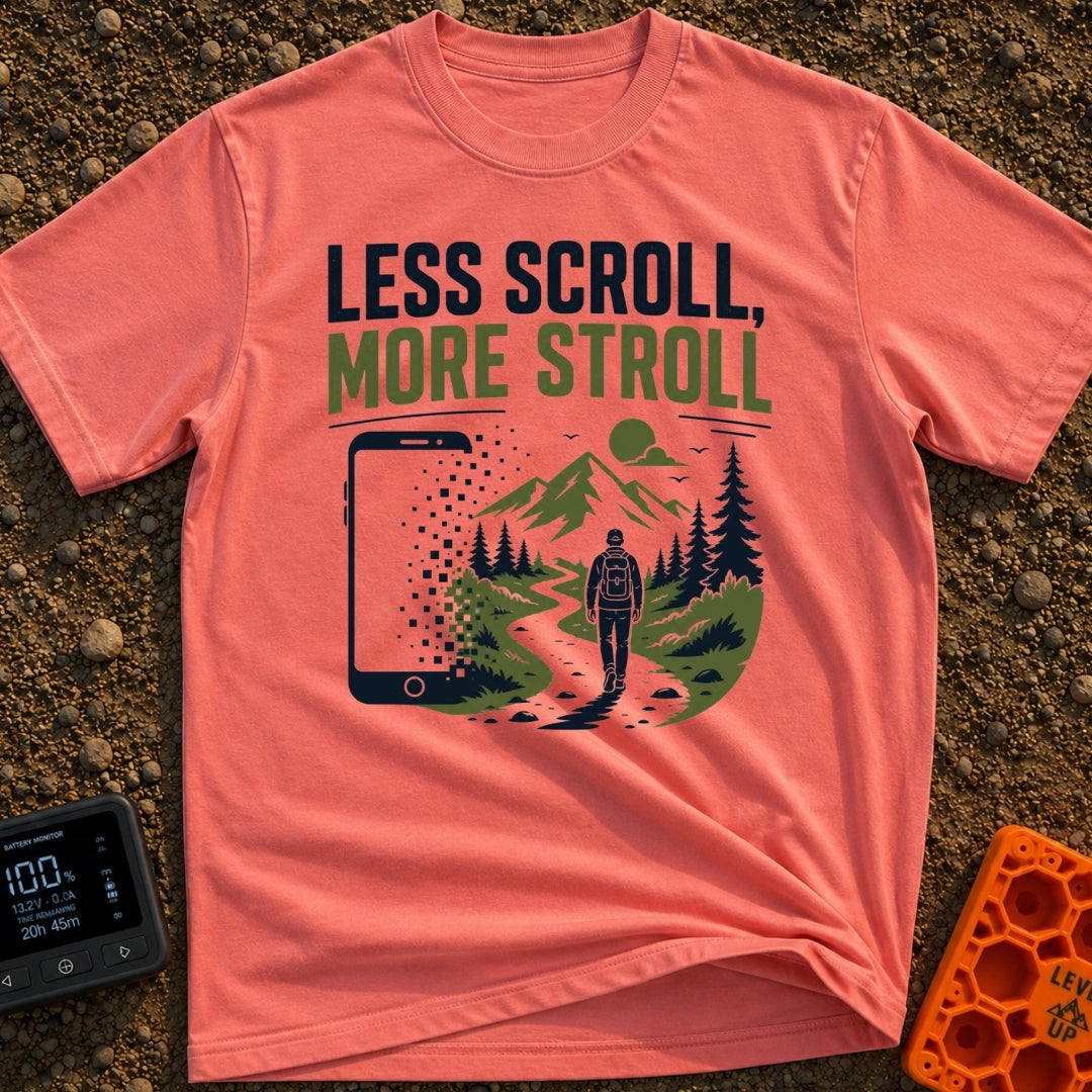 Stroll Over Scroll - T-Shirt in Watermelon - A graphic showing a large smartphone dissolving into square pixels on the...