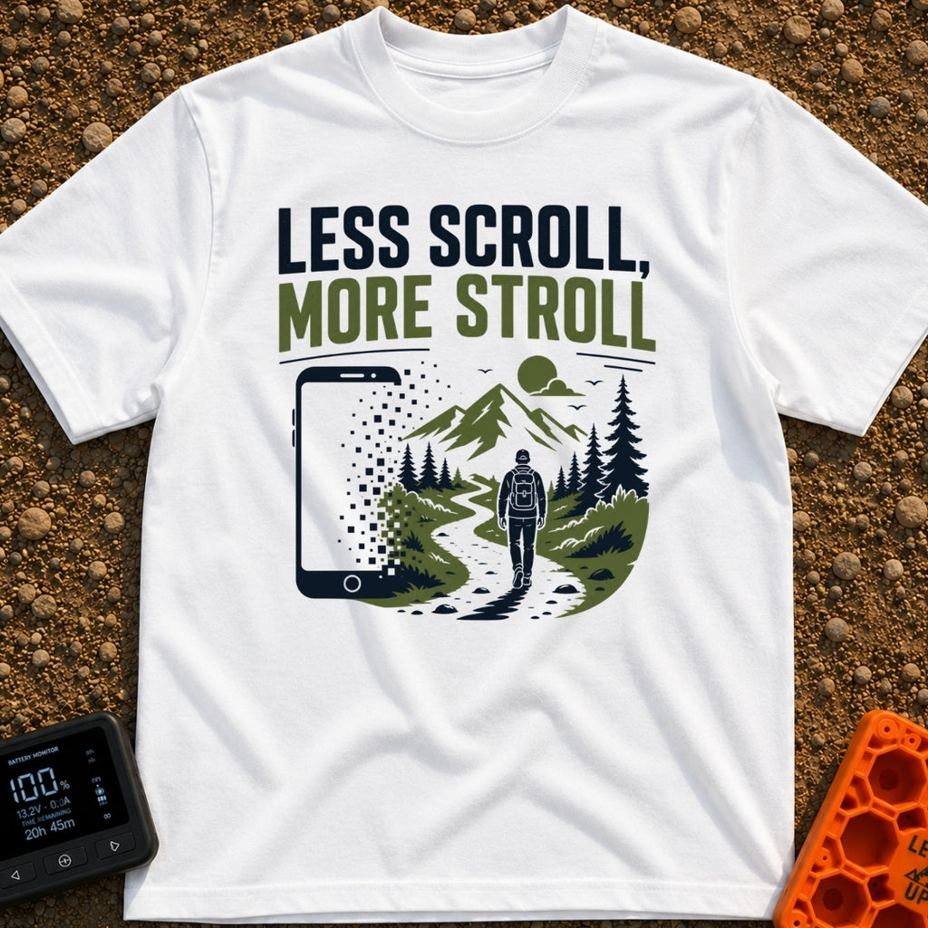 Stroll Over Scroll - T-Shirt in White - A graphic showing a large smartphone dissolving into square pixels on the left,...
