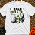 Stroll Over Scroll - T-Shirt in White - A graphic showing a large smartphone dissolving into square pixels on the left,...
