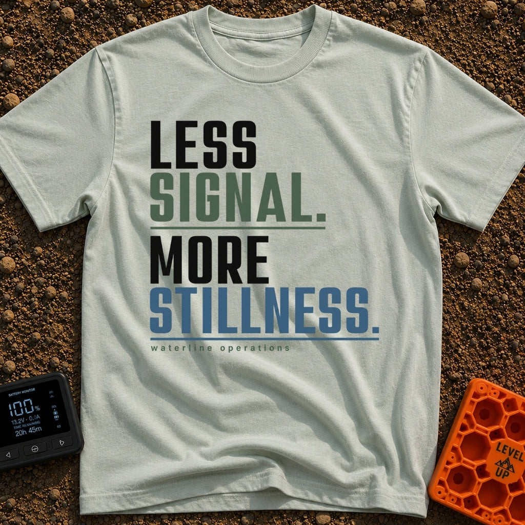 Less Bars More Stars - T-Shirt in Bay - A text-based design featuring the stacked phrases 'LESS SIGNAL.' and 'MORE...