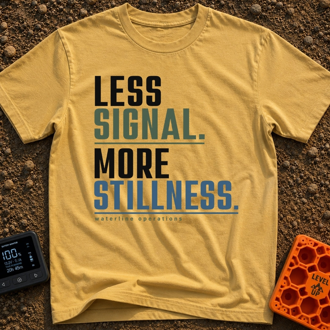 Less Bars More Stars - T-Shirt in Mustard - A text-based design featuring the stacked phrases 'LESS SIGNAL.' and 'MORE...