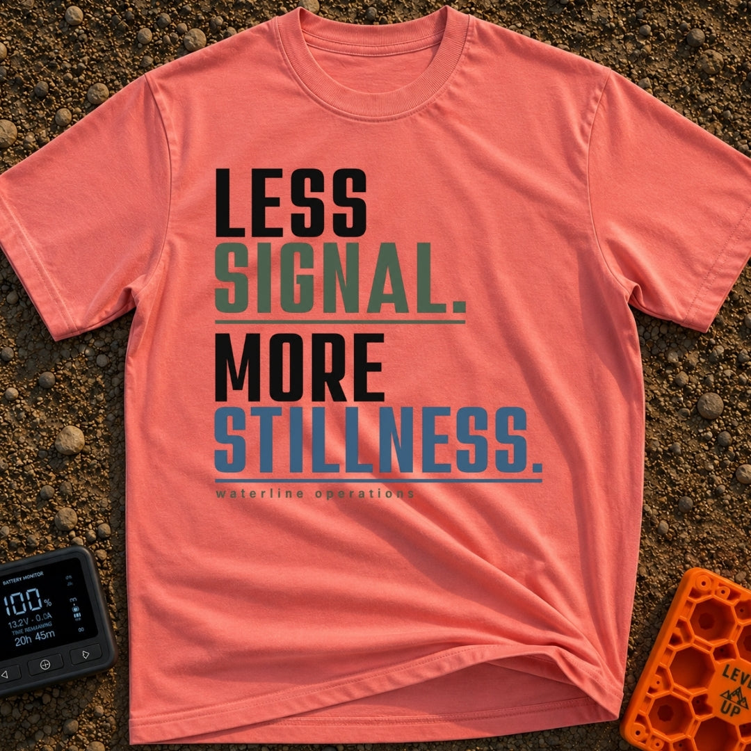 Less Bars More Stars - T-Shirt in Watermelon - A text-based design featuring the stacked phrases 'LESS SIGNAL.' and 'MORE...