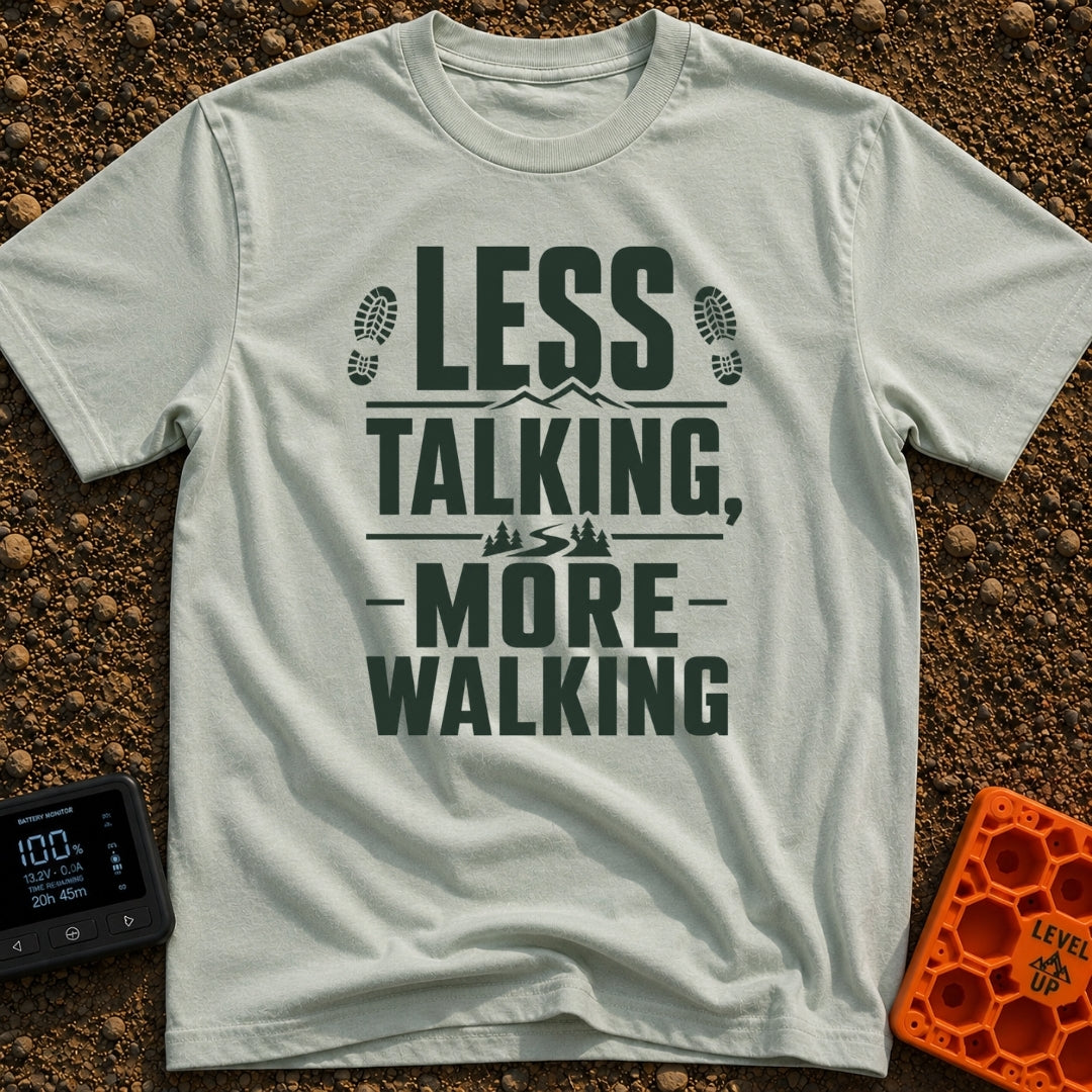 Less Talk More Walk - T-Shirt in Bay - A typographic design reading "LESS TALKING, -MORE- WALKING" decorated with hiking...