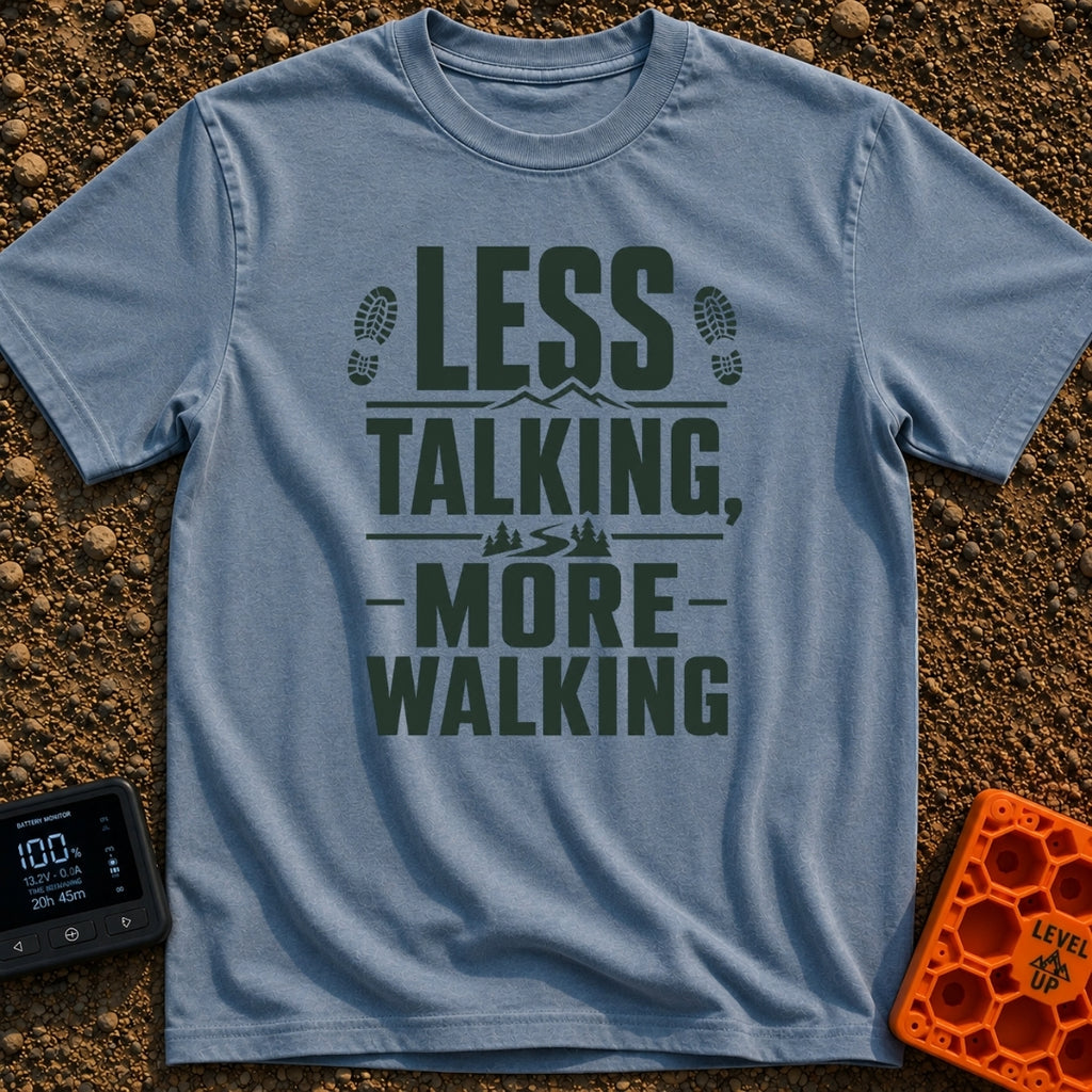 Less Talk More Walk - T-Shirt in Blue Jean - A typographic design reading "LESS TALKING, -MORE- WALKING" decorated with...