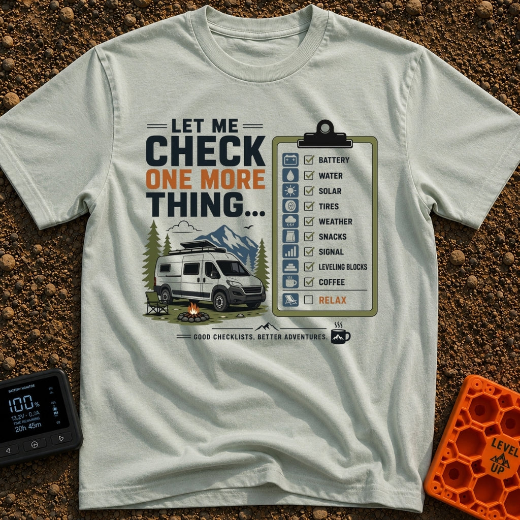 Just One More Check - T-Shirt in Bay - A graphic featuring a white camper van parked by a campfire and camp chair with...